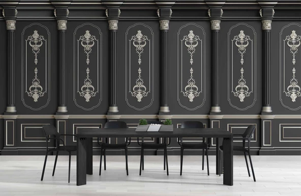 3D Siyah Panel ve Sutün Gümüş Motif Duvar Kağıdı Baskı - 4