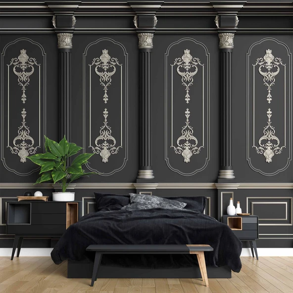 3D Siyah Panel ve Sutün Gümüş Motif Duvar Kağıdı Baskı - 2