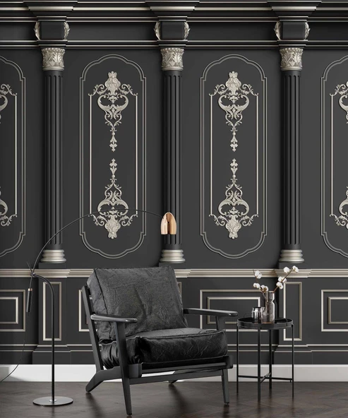 3D Siyah Panel ve Sutün Gümüş Motif Duvar Kağıdı Baskı - 5