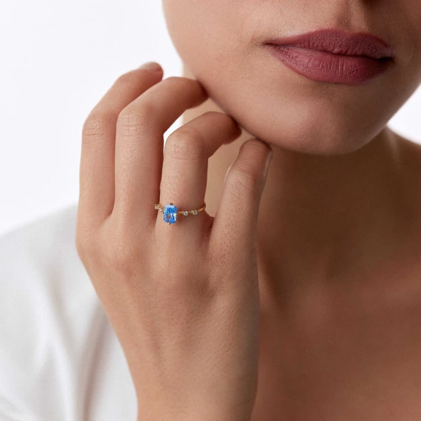 8 Ayar Mavi Baget Taşlı Günlük Altın Yüzük - 3