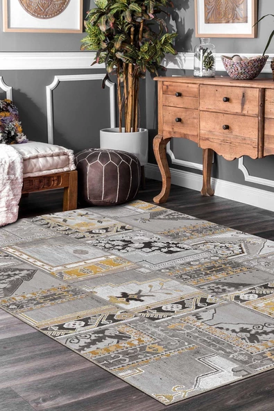 Patchwork Desenli Yıkanabilir Pamuk Taban Dijital Baskılı Halı  GRİ 180X280
