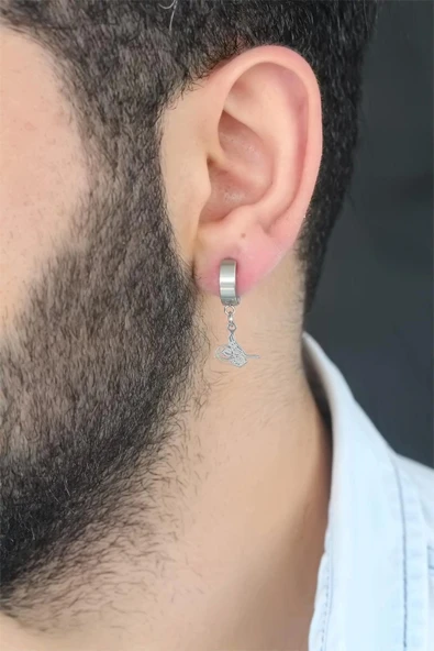 MuI MuI Silver Renk Kaplama Osmanlı Tuğra Figürlü Kıstırmalı Çelik Erkek Küpe