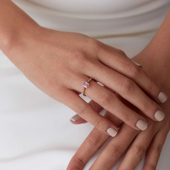 8 Ayar Baget Pembe Taşlı Günlük Altın Yüzük - 2