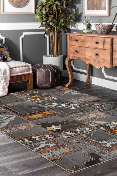 Patchwork Desenli Yıkanabilir Pamuk Taban Dijital Baskılı Halı  ANTRASİT 80X200