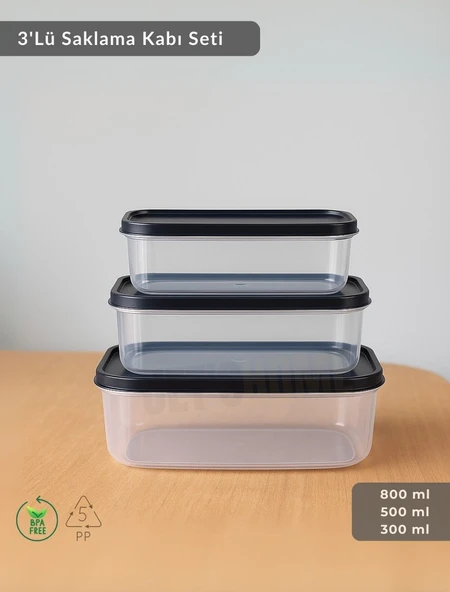 Dikdörtgen 3'Lü Saklama Kabı Bpa Free Derin Dondurucu için Uygun Beslenme Kabı 800-500-300 ml - 2
