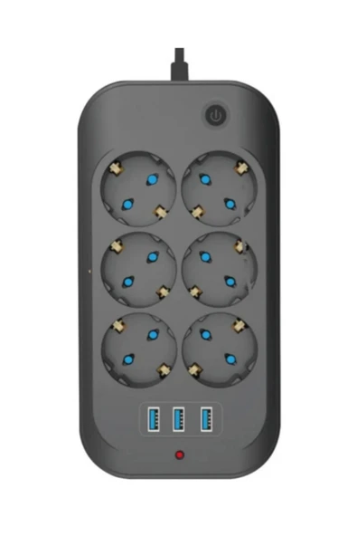Termal Akım Korumalı, Çocuk Korumalı, 6’lı 2 Mt Uzatma Kablosu 6 X Priz, 3 X Usb