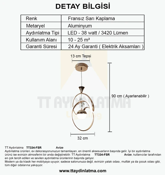 TT Aydınlatma TT334-TPL-FSR  Badem Modeli Fransız Sarı Kaplama Tek Toplu 3 Renk Modüllü Ledli Avize - 4