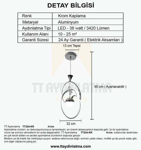 TT Aydınlatma TT334-TPL-KR  Badem Modeli Krom Kaplama Tek Toplu 3 Renk Modüllü Ledli Avize - 4