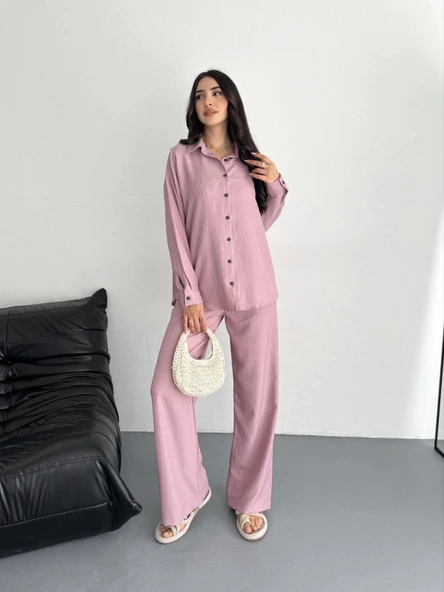 Lucky Life Kadın Gömlek Pantolon Ikili Takım - Toz Pembe
