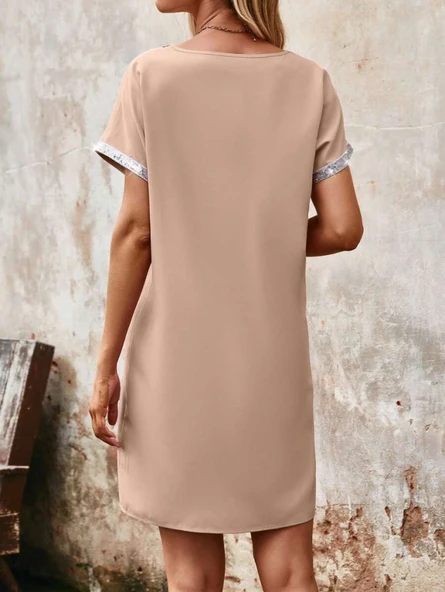 Lucky Life Kadın Yaka Ve Kol Pul Payet şeritli Ithal Krep Elbise - Resim 5