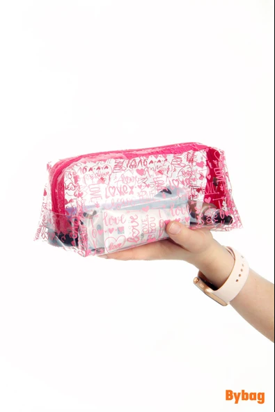 Love Aşk Sevgi Desenli Renkli Şeffaf PVC Makyaj Seyahat Kozmetik Ecza Bebek Deniz Çantası - 5