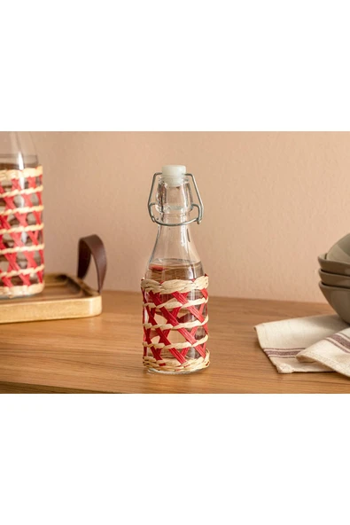 Stripe Wicker Cam Hasırlı Şışe 250 ml Kırmızı