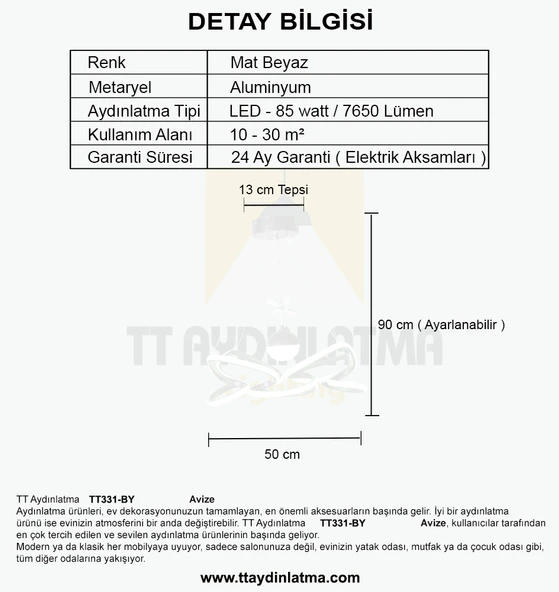 TT Aydınlatma TT331-TPL-BY  Mat Beyaz Tek Toplu 3 Renk Modüllü Ledli Avize - 4