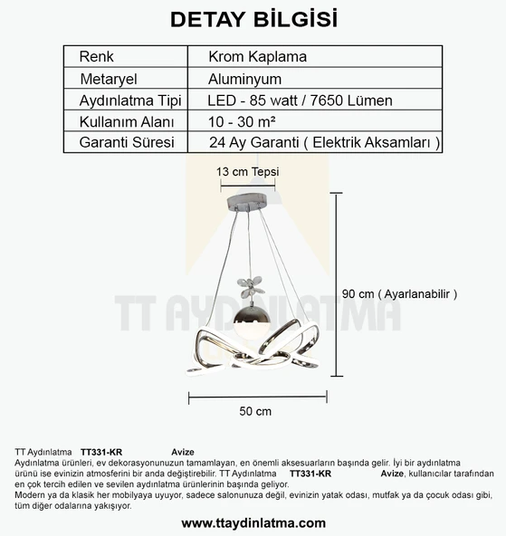 TT Aydınlatma TT331-TPL-KR  Krom Kaplama Tek Toplu 3 Renk Modüllü Ledli Avize - Resim 4