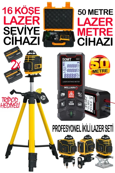 Tripodlu 16 Köşe Çizgi Hizalama Lazer Hizalama Cihazı + 50 Metre Yüksek Hassasiyet Lazer Metre Ölçer