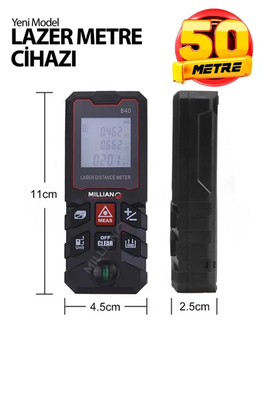 50 Metre Yüksek Hassasiyet Lazer Metre Ölçer LCD Dijital Ekran Su Terazili Lazermetre Lazerli - 3