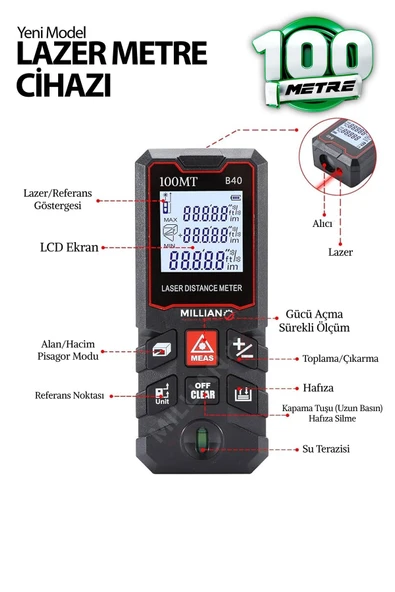 Yüksek Hassasiyet 100 Metre Lazer Metre Ölçer LCD Dijital Ekran Su Terazili Lazermetre Lazerli - 2