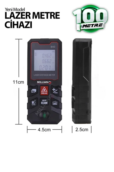 Yüksek Hassasiyet 100 Metre Lazer Metre Ölçer LCD Dijital Ekran Su Terazili Lazermetre Lazerli - 3