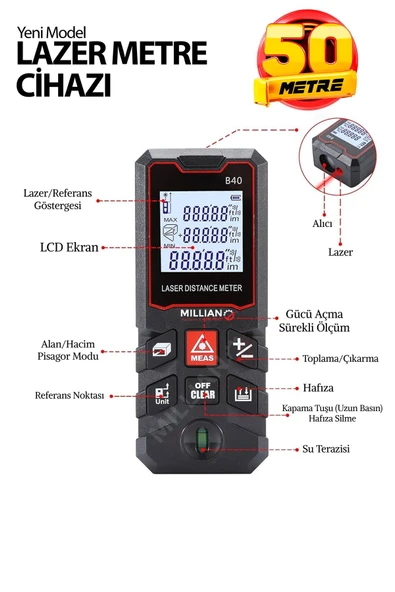 50 Metre Yüksek Hassasiyet Lazer Metre Ölçer LCD Dijital Ekran Su Terazili Lazermetre Lazerli - 2