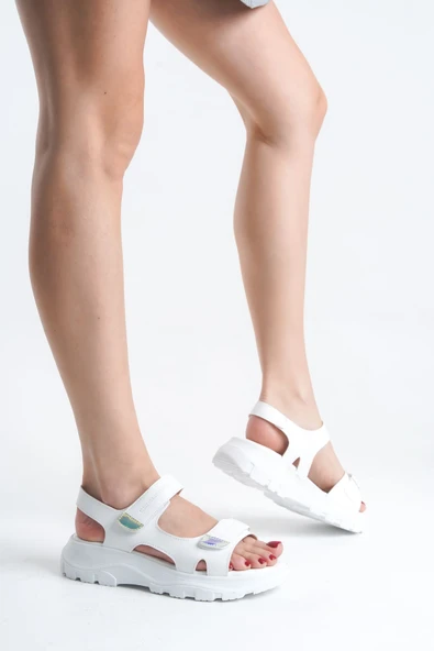 LAMIA Cırt Cırtlı Ortopedik Taban Kadın Sandalet CBT - Beyaz - 2