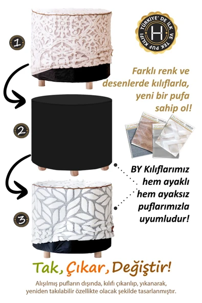 Yıkanabilir Kılıflı Puf Köşegen İskandinav Bohem Punch Orta Sehpa Koltuk Tabure Motif Ekru - 5