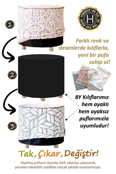 Yıkanabilir Puf Tabure Kılıfı Tak-Çıkar-Değiştir-Yenile Orta Sehpa Kılıfı By Motif Bej - 2