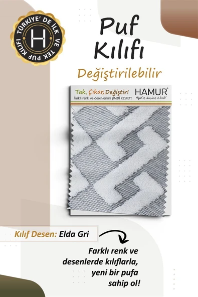 Yıkanabilir Puf Tabure Kılıfı Tak-Çıkar-Değiştir-Yenile Orta Sehpa Kılıfı By Elda Gri - 3