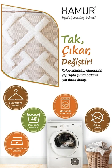 Yıkanabilir Puf Tabure Kılıfı Tak-Çıkar-Değiştir-Yenile Orta Sehpa Kılıfı By Elda Bej - 4