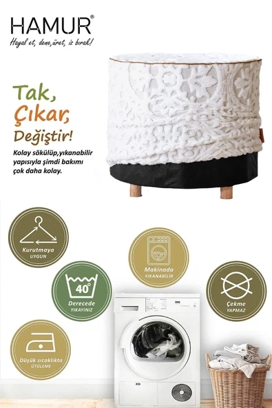 Yıkanabilir Kılıflı Puf Köşegen İskandinav Bohem Punch Orta Sehpa Koltuk Tabure Motif Ekru - 3