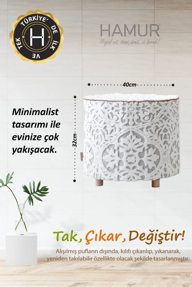 Yıkanabilir Kılıflı Puf Köşegen İskandinav Bohem Punch  Orta Sehpa Koltuk Tabure Motif Gri - 2