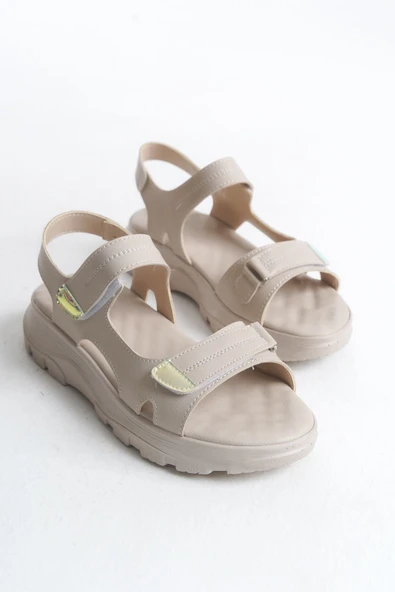 LAMIA Cırt Cırtlı Ortopedik Taban Kadın Sandalet CKT - Krem - 4