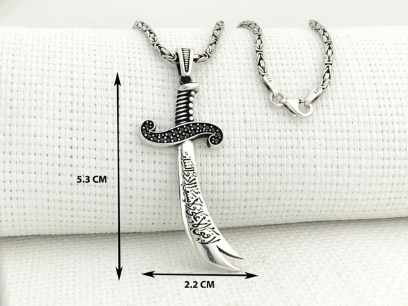 925 Ayar Gümüş La Feta İlla Ali La Seyfe İlla Yazılı Zülfikar Kral Zincir Kolye - Resim 3