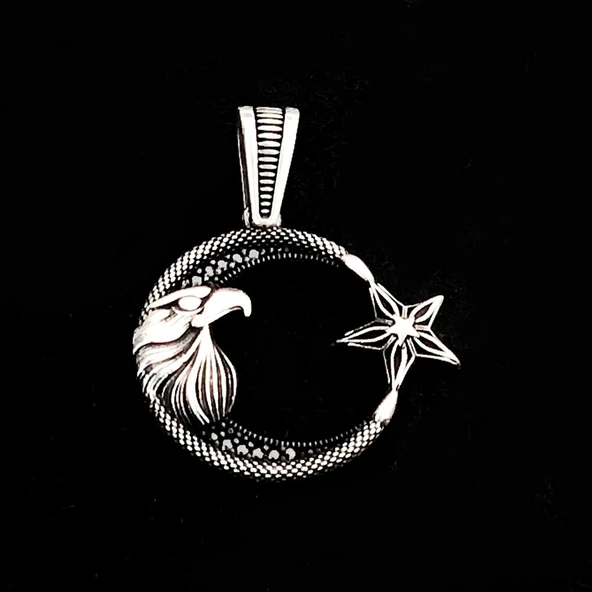 925 Ayar Gümüş Kartal Başlı Ayyıldız Kolye Ucu - Resim 2