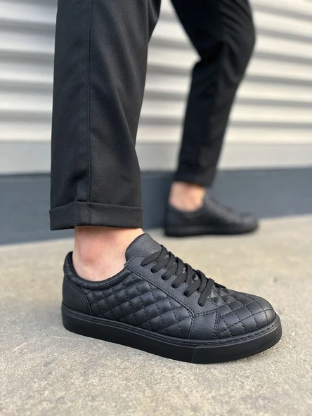 Prestige Bağcıklı Cilt Kapitone Desenli Erkek Günlük Sneaker Ayakkabı CST - Siyah