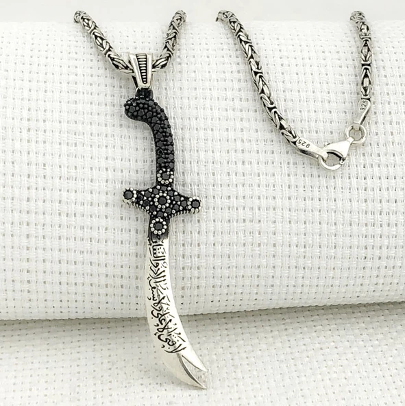 925 Ayar Gümüş La Feta İlla Ali La Seyfe İlla Yazılı Zülfikar Kral Zincir Kolye ürün görseli