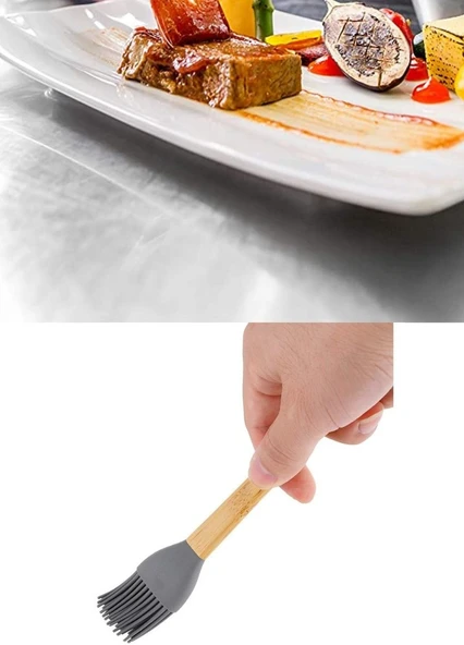 Yumurta Fırçası Ahşap Saplı Mutfak Fırçası Sos Fırçası Hamur Fırçası Silikon Gri 27 cm