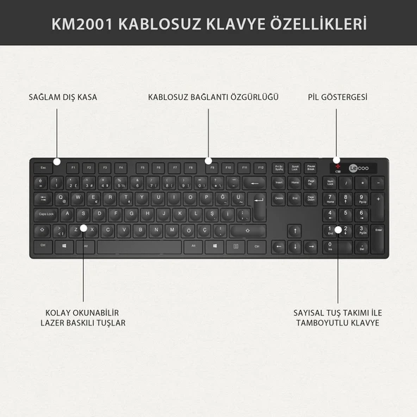 Lecoo Km2001 Klavye & Mouse Kablosuz Set Siyah - 8