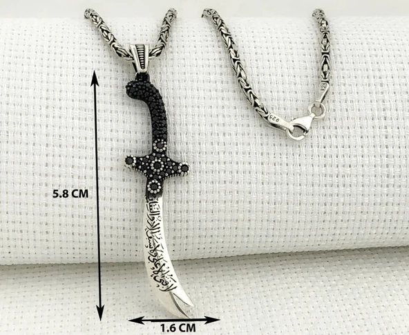 925 Ayar Gümüş La Feta İlla Ali La Seyfe İlla Yazılı Zülfikar Kral Zincir Kolye - Resim 3