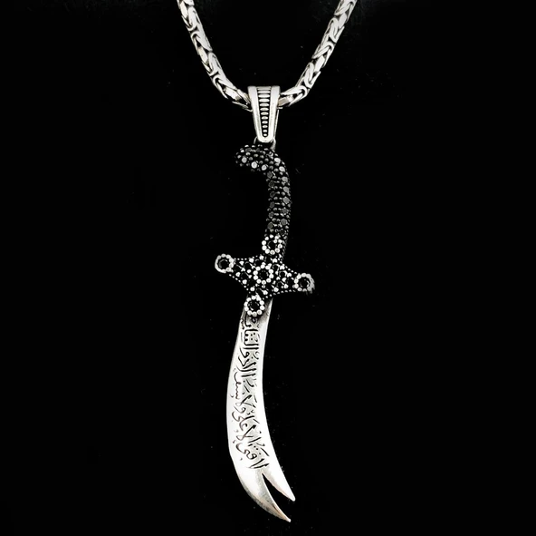 925 Ayar Gümüş La Feta İlla Ali La Seyfe İlla Yazılı Zülfikar Kral Zincir Kolye - Resim 2