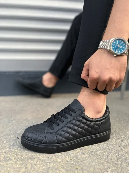 Prestige Bağcıklı Cilt Kapitone Desenli Erkek Günlük Sneaker Ayakkabı CST - Siyah - 3