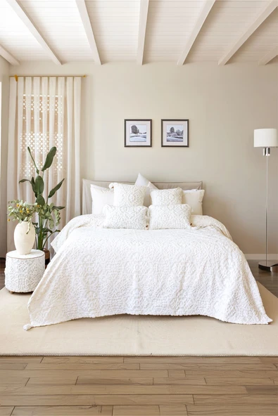 İskandinav Yatak Örtüsü Seti Çift Kişilik Set Bohem Punch Panç Desen Motif Ekru - Resim 3