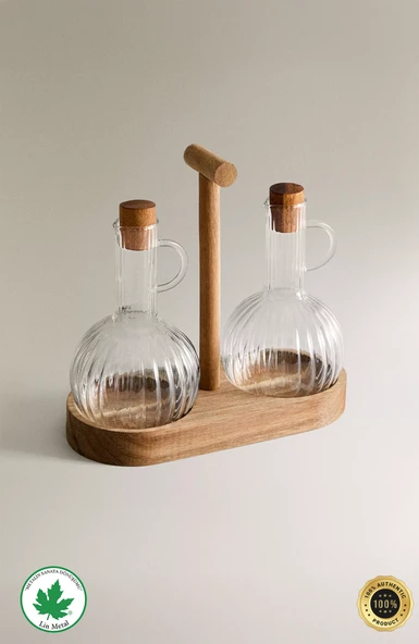 2 Li Yağdanlık Seti 350ml Ahşap Stantlı Mantar Kapaklı - 5
