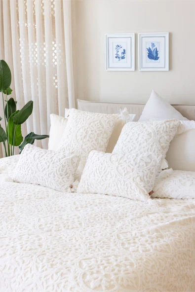 İskandinav Yatak Örtüsü Seti Çift Kişilik Set Bohem Punch Panç Desen Motif Ekru - Resim 4