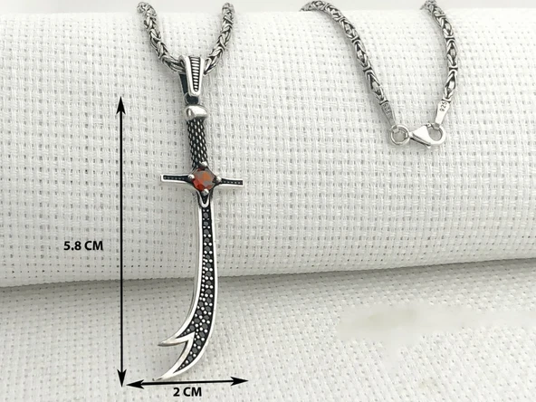 925 Ayar Gümüş Kırmızı Taşlı Zülfikar Kral Zincir Kolye - 3