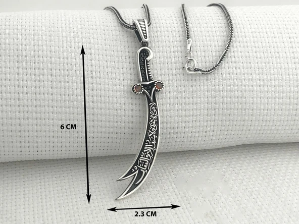 925 Ayar Gümüş Kırmızı Taşlı La Feta İlla Ali La Seyfe İlla Zülfikar Yazılı Gümüş Kolye - Resim 3