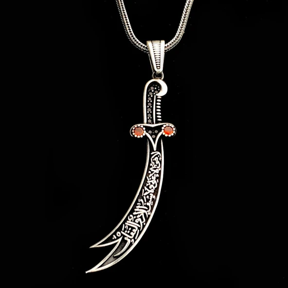 925 Ayar Gümüş Kırmızı Taşlı La Feta İlla Ali La Seyfe İlla Zülfikar Yazılı Gümüş Kolye - Resim 2