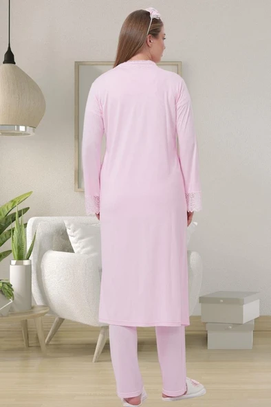 Mecit 1541 Bayan Hamile Lohusa Pembe Uzun Sabahlık Pijama Takımı - 2