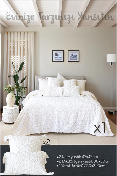 İskandinav Yatak Örtüsü Seti Çift Kişilik Set Bohem Punch Panç Desen Motif Ekru - Resim 2