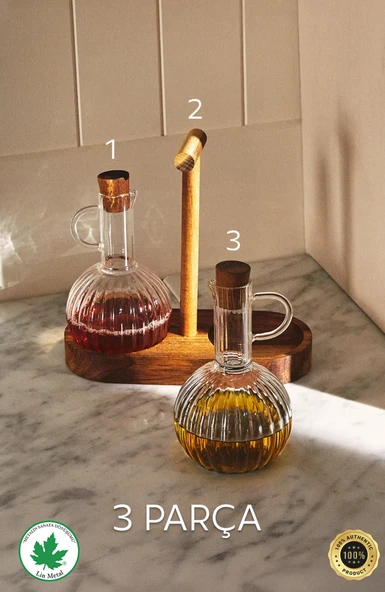 2 Li Yağdanlık Seti 350ml Ahşap Stantlı Mantar Kapaklı - 2
