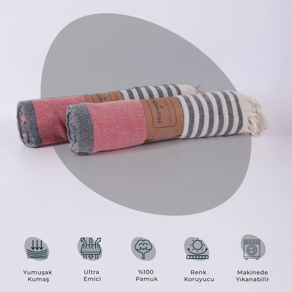 Homedius Pamuk Kırmızı American Desenli Püsküllü Peştamal 2'li - 100x180 cm